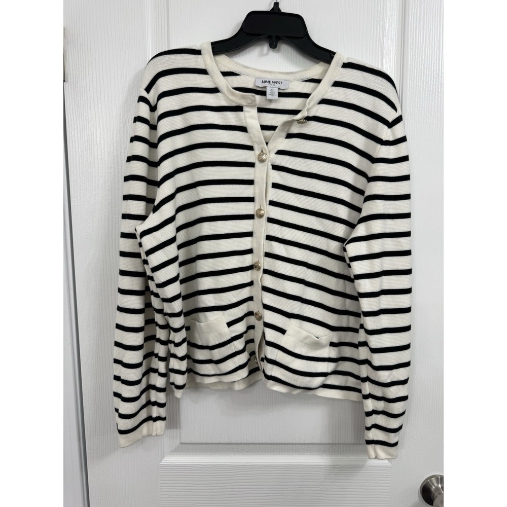Nine West Women's Spring Cardigan Size XL Ivory Black Stripe Sweater